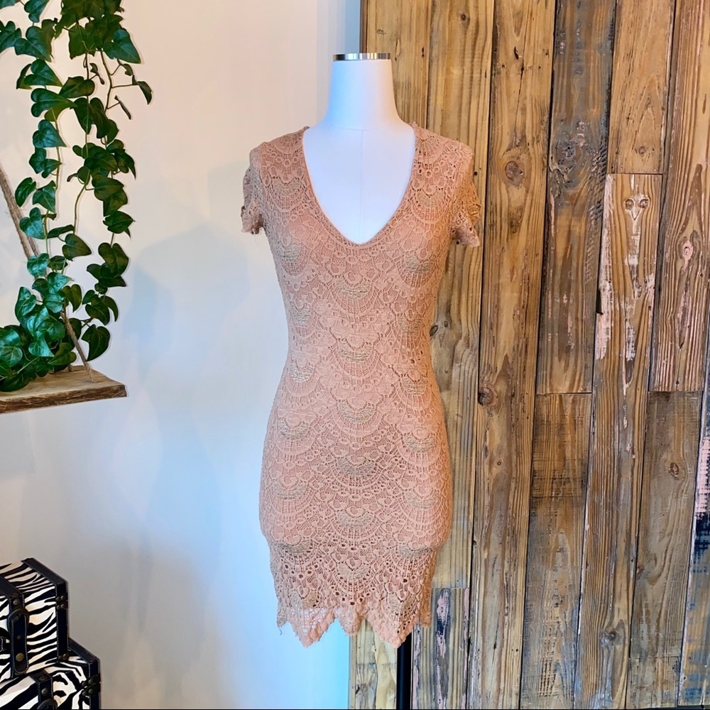 Nightcap Nude Lace Deep V Cap Sleeve Mini Dress